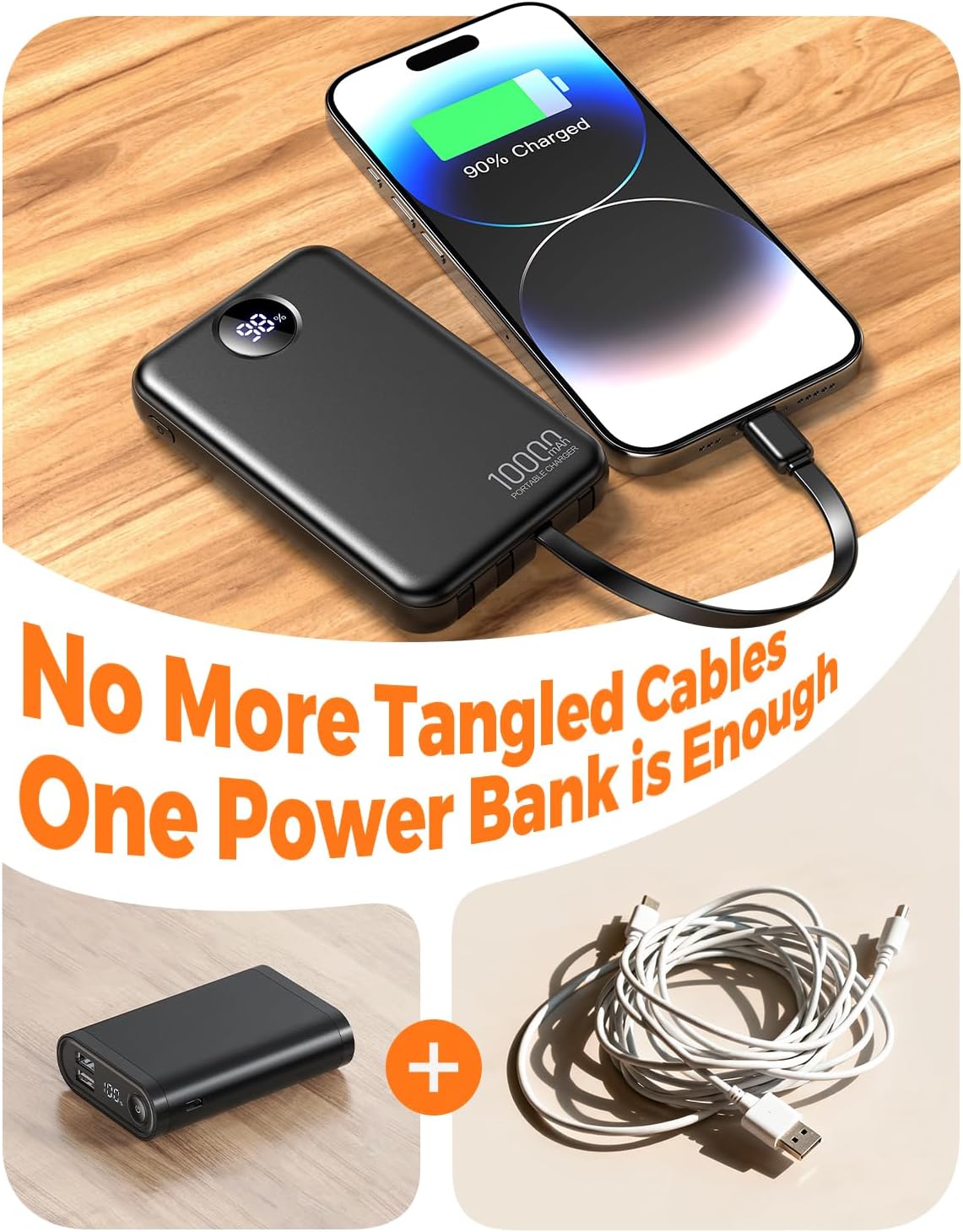 Portable Charger 10000mAh with 4 Built-in Cables 40% Smaller | Power Bank Fast Charging Battery Pack,LED Display Compact with Travel Charger for iPhone Other Devices-Black