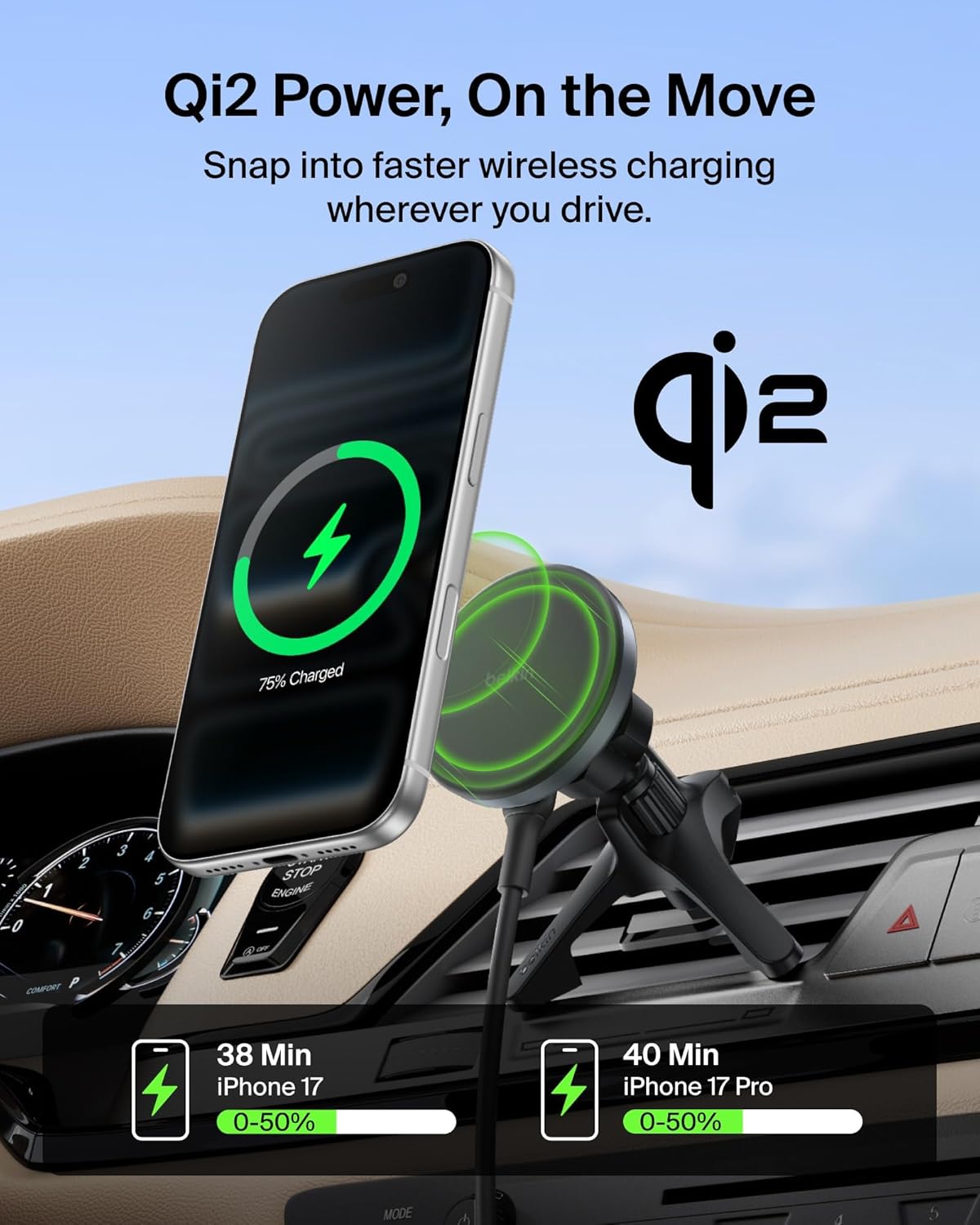 Belkin Qi2 15W Magnetic Wireless Vent Mount, Fast Charging Car Charger | MagSafe Compatible, iPhone 15/16/17, Samsung Galaxy S26, AirPods, iPads, MacBook, Chromebook, Car Phone Charger