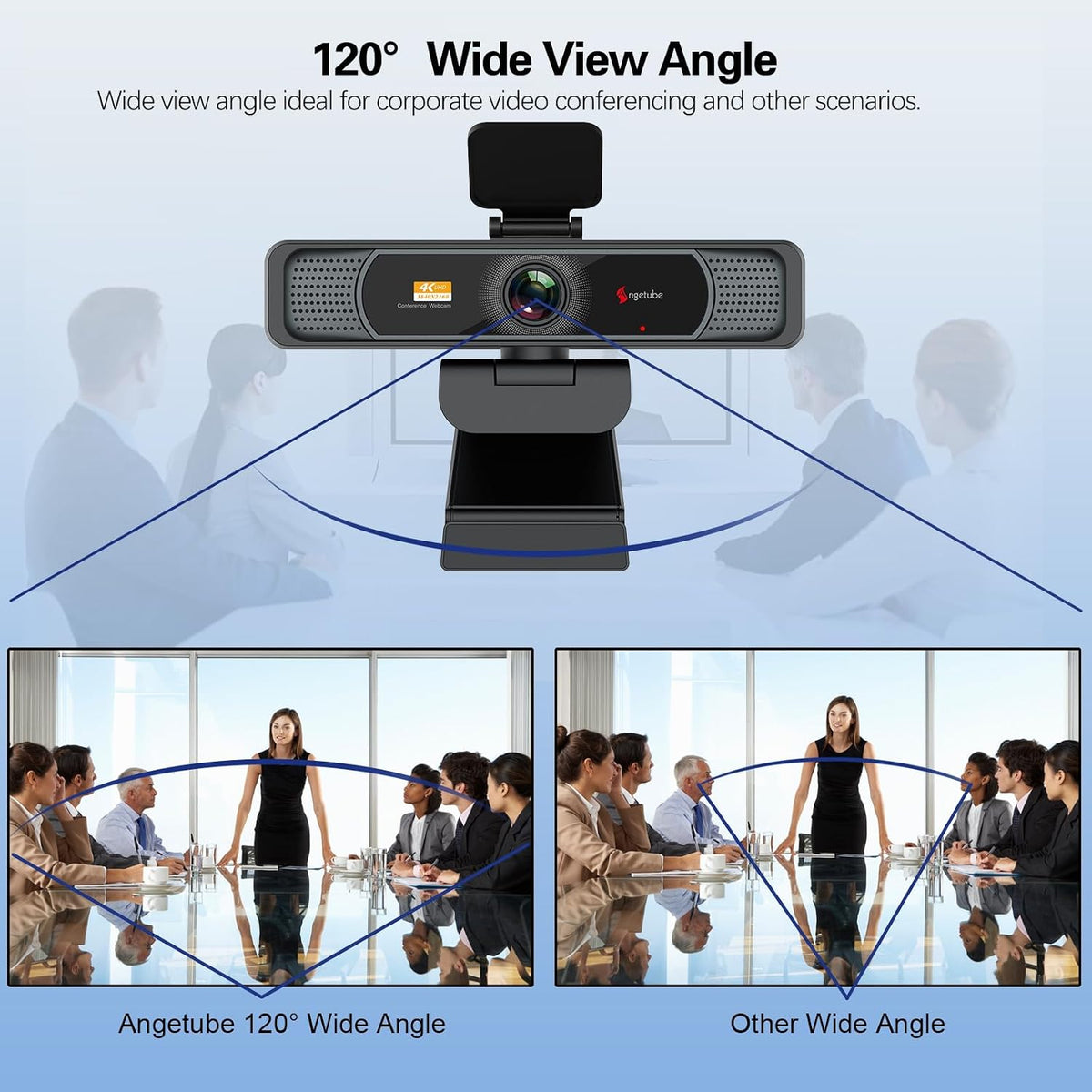 Angetube Wide Angle 4K Webcam for PC, 120° FOV Video Conference Web Camera | PDAF Autofocus, 2 Noise-Cancelling Mics, 1080P@60FPS, Auto Light Correction, USB-A/C, Privacy Cover, for Mac Laptop Desktop