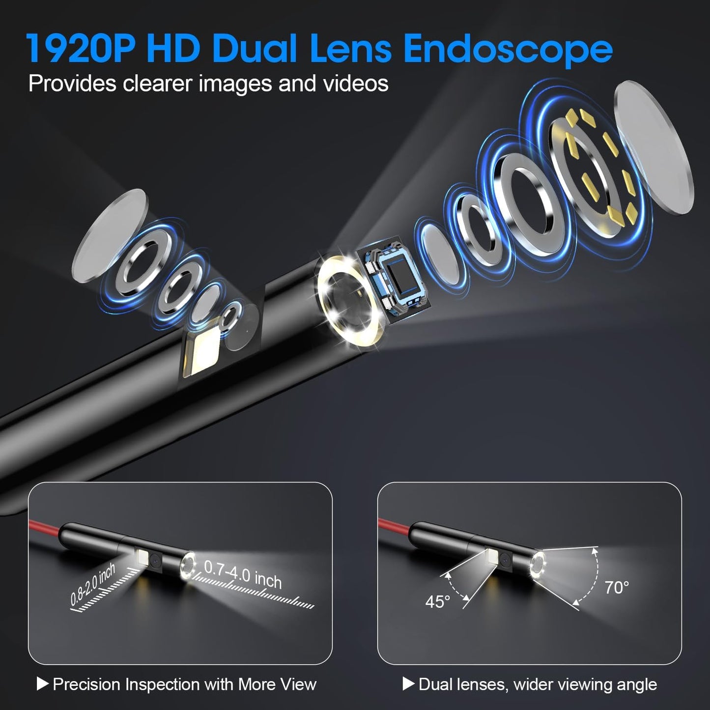 Endoscope with Light, 1920P HD Borescope with 8 Adjustable LED Lights, Semi-Rigid Snake Camera, IP67 Waterproof Inspection Tool (9.8ft, Red Harness + Dual Lens)