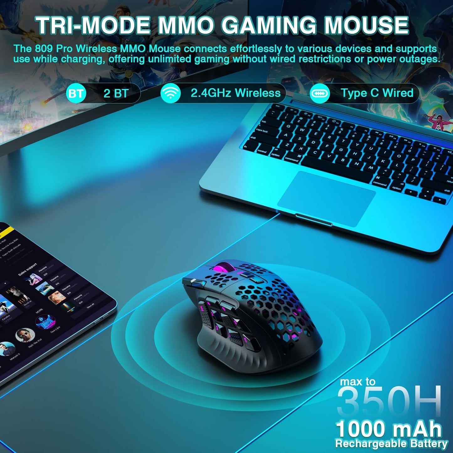 SOLAKAKA SM809 Pro MMO Gaming Mouse with 9 Side Buttons,24000 DPI RGB Mouse for Gamer,16 Programmable Macros MMO Mouse,Black