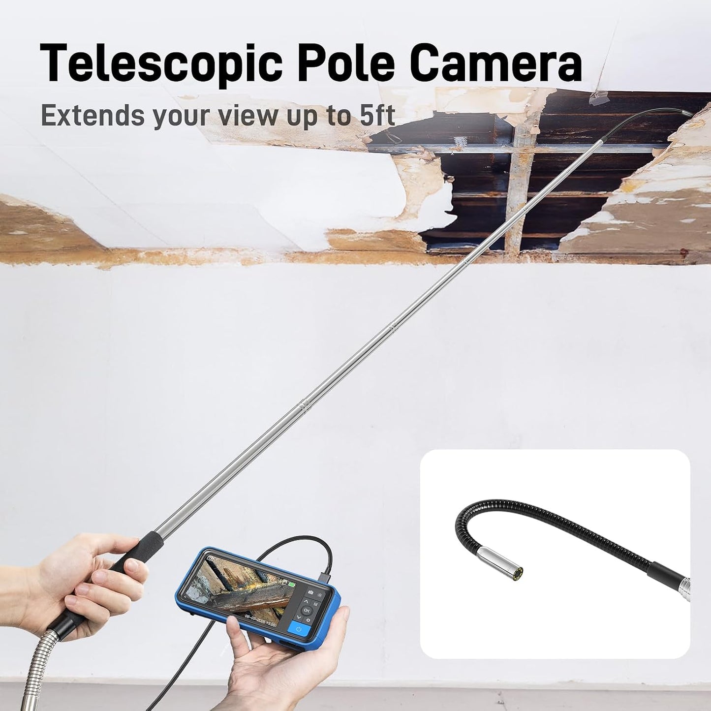 Teslong 5FT Telescopic Endoscope for Ceiling & Roof Inspection | 4.5" IPS Telescoping Pole Camera with 32GB Storage & LED Light - IP67 Waterproof Snake Scope for Wall, Chimney, Gutter, HVAC