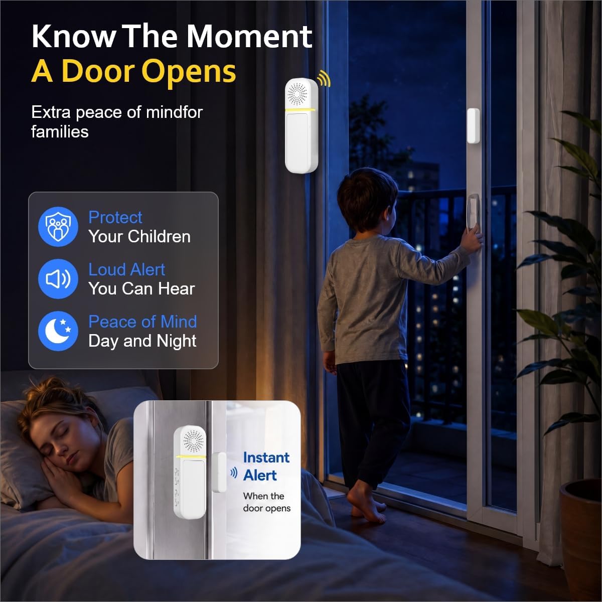 SanJie Door Left Open Alarm&Door Chime,Instant/30s/1min/2min Delay,1 Sensor | Door Alarms for Dementia/Kids Safety, Door Left Open Alarm for Business, Home, Fridge, Pool, Garage, 0-110dB, 27 Chimes