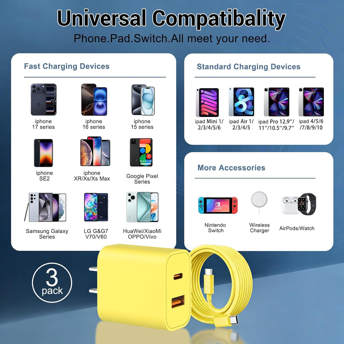 iPhone 18 17 16 15 Charger Fast Charging Type C USB C Chargers Yellow