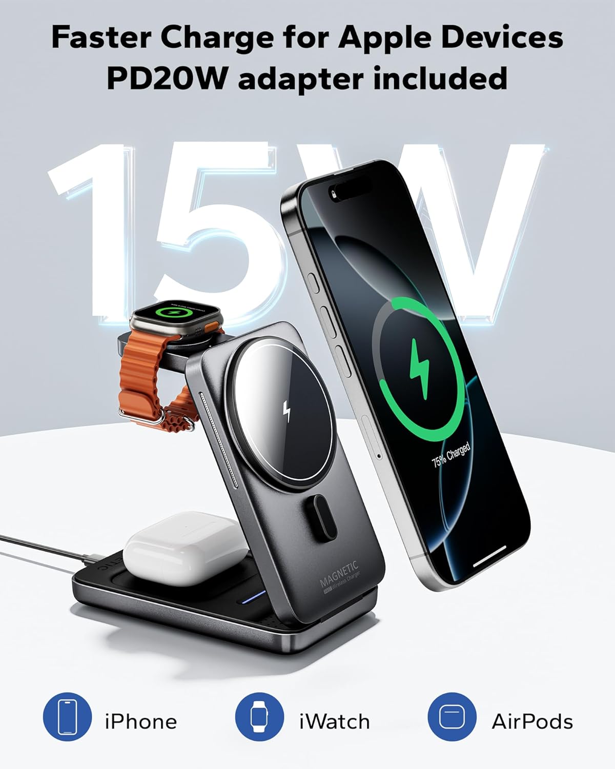 Foldable 3in1 Charging Station for Magsafe, Travel Phone and Watch Charger for Apple, PD20W Wireless Charging Dock for Multiple Devices iPhone 17 16 15 14 13 12 Series/Apple Watch/Airpods