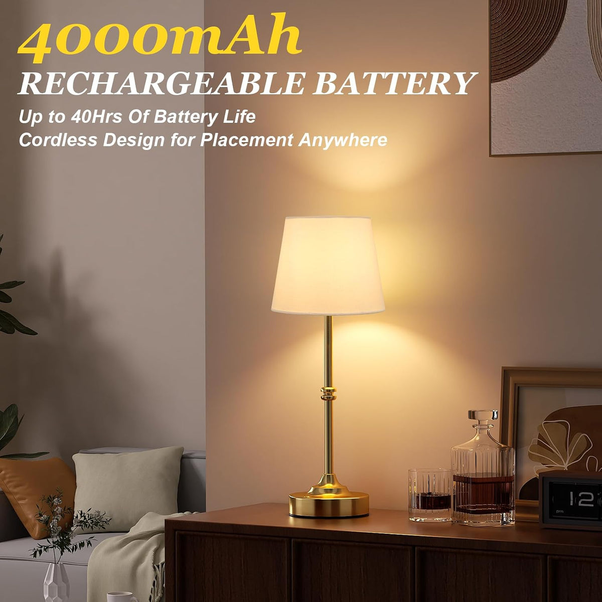 Kakanuo Cordless Table Lamp, Rechargeable Battery Operated, Brass, 1 Pack | 4000mAh Battery, USB-C Charging, 3000K Warm Light, Touch Control, Stepless Dimming, Bedside, Dining Table, Living Room