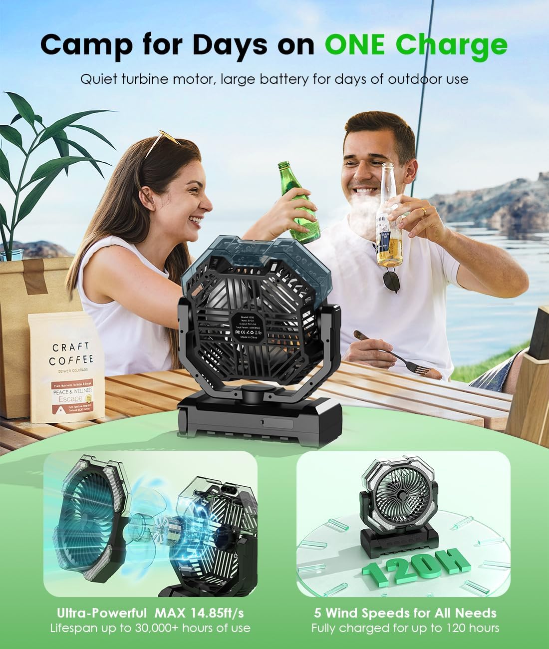 Camping Misting Fan - Portable Rechargeable Fan with 8.9oz Tank, Light, Hook - Battery Power 120H MAX Working, Fast Cooling, 4 Speed, Timer, Sleep Mode, for Outdoor, Travel, Patios, Beach