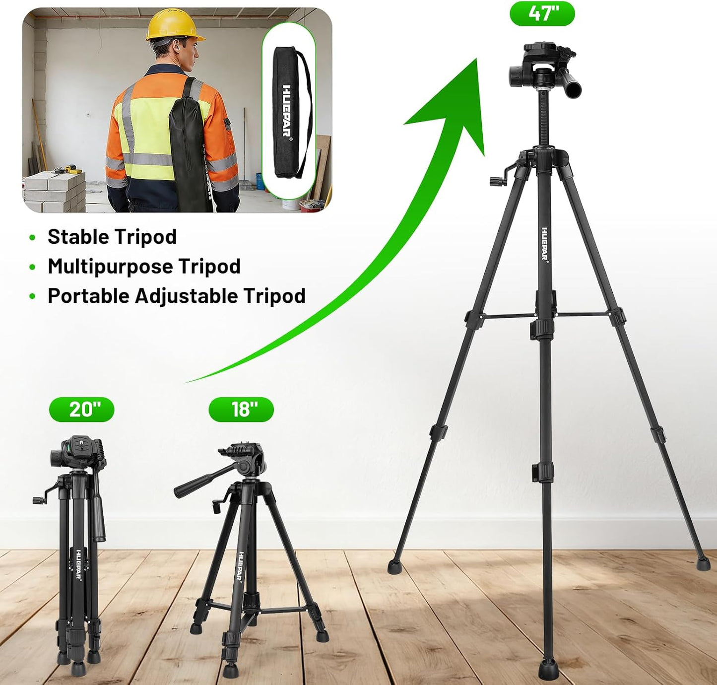 Laser Level Tripod, Huepar 47” Tripod for Cross Line Laser Distance Measures, Phone and Camera, Aluminum Professional Tripod Stand with 1/4" Thread Mount, Carry Bag and Phone Holder, ET11