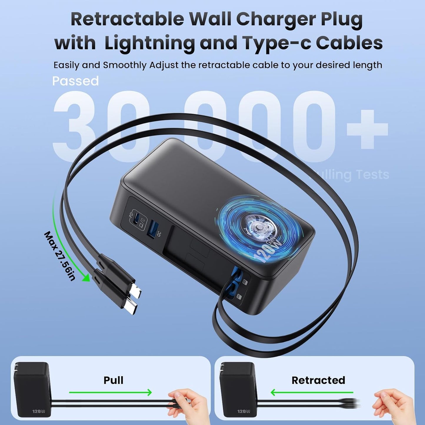 USB C Charger Block 120W with Built-in 2 Retractable Cables,4-in-1 GaN IV Charger Fast Charging Foldable Plug Wall Charger,PD 65W Laptop Charger for MacBook,iPad,iPhone 17/16/15/14,Galaxy,Android etc