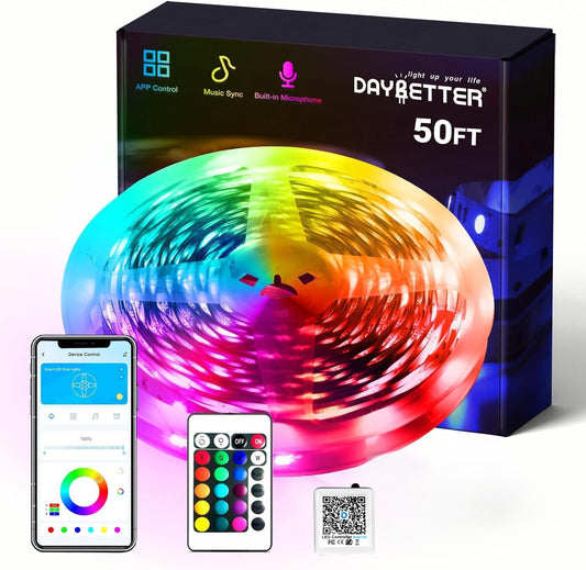 DAYBETTER Smart RGB Led Strip Lights, 50ft Led Lights for Bedroom with App Control, Multicolor Changing Led Light Strips Apply for Home Decor, Living Room, Kitchen, Home Party Decoration