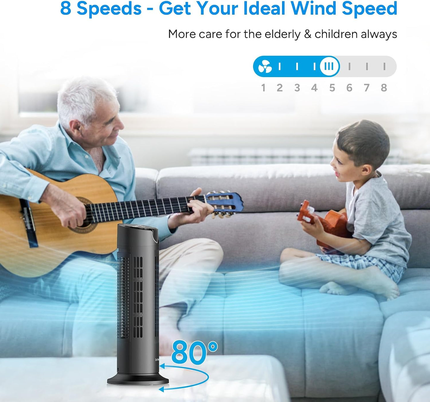 DR.PREPARE Tower Fan for Bedroom, 25 dB Quiet DC Bladeless Fan with Remote, 8 Speeds, 1-8H Timer, 80° Oscillating Fans for Indoors, 16 Inch Portable Desk Table Fans for Room, Home, Office