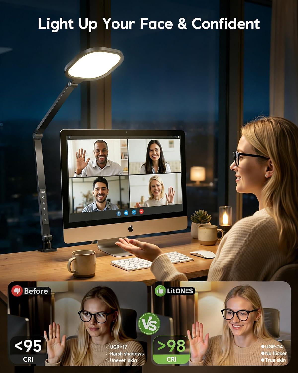 LitONES LED Desk Lamp for Home Office with Clamp and Remote | Professional Eye-Caring Lighting, 30 Modes, Memory, For Zoom Meeting, Streaming, Recording, Video Call, 2000LM, CRI 97.8