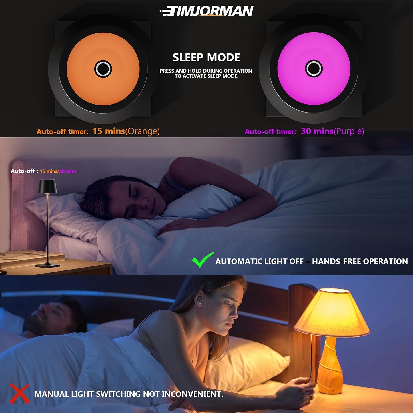 Timjorman Compact Cordless Table Lamp, Rechargeable LED Night Light, Dual Light Source (RGB Top & Warm Bottom), Touch Control & Timer, Metal Lamp for Bedroom & Kids Room (Black 1pack)
