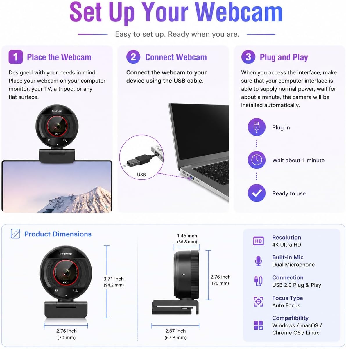 4K Webcam for PC Computer PDAF Autofocus with Built-in Microphone Windows | 1080P@60fps, Privacy Cover, Dual Noise Cancel Mics, 8X Digital Zoom, 78° FOV, Compatible Zoom Teams Twitch Google Meet
