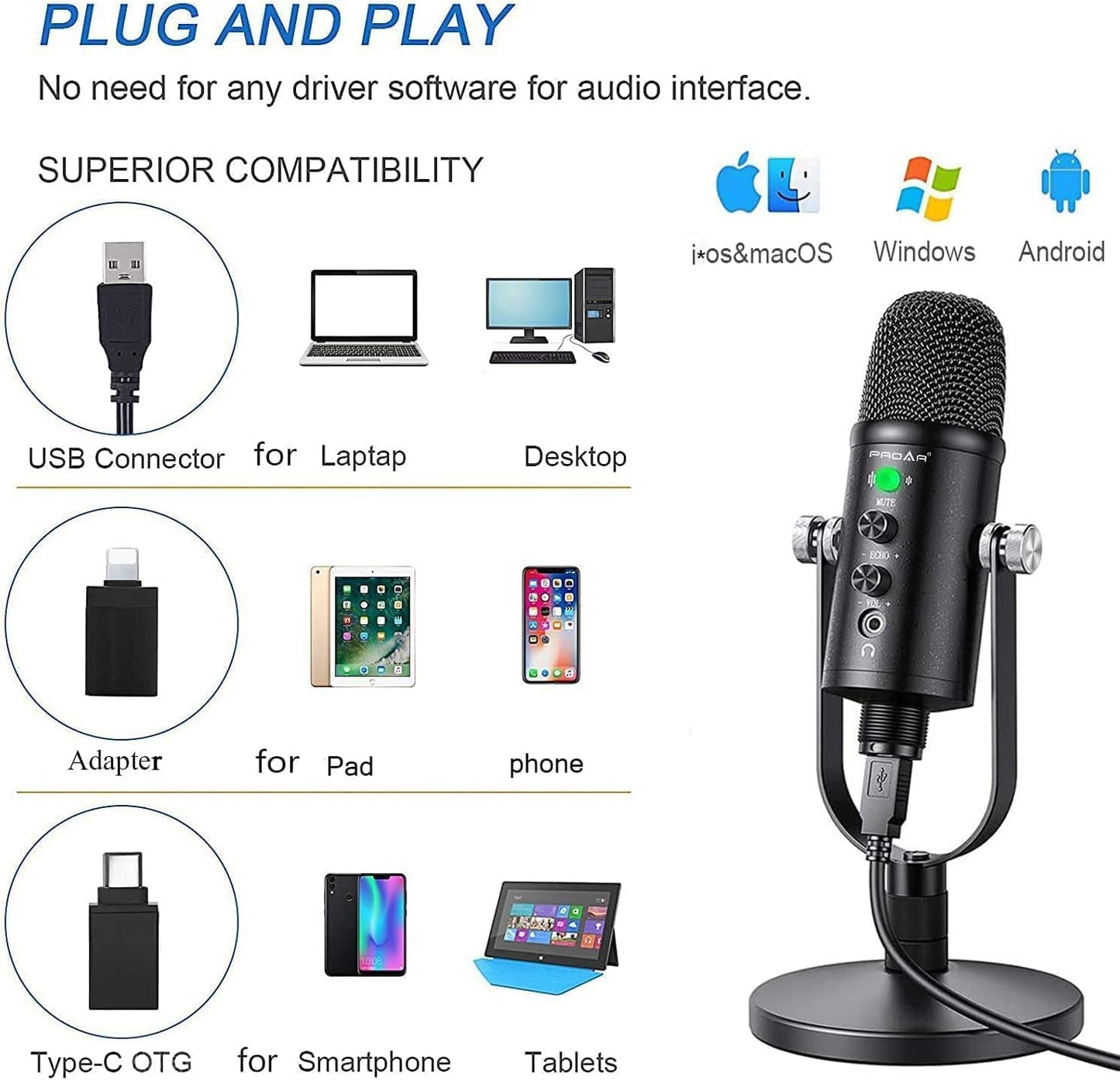 USB Condenser Microphone Kit with Desktop Stand and Phone Adapters | Plug-and-play podcast mic kit for PC and phone, for gaming, streaming and recording. Cardioid pickup keeps voices clear.