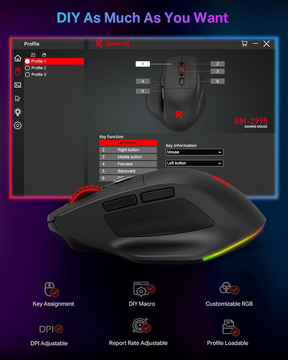 Redragon Large Wireless Gaming Mouse for Big Hands, Tri-Modes 2.4G/Bluetooth/Wired Rechargeable Ergo RGB Mouse with 2 Side Buttons, 6 Backlit Modes, Programmable Macro Gamer Mouse