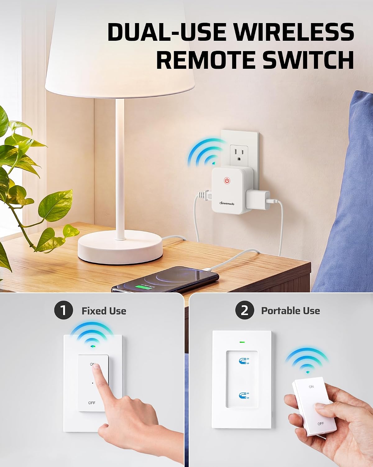 DEWENWILS Remote Control Outlet, Wireless Light Switch with 2 Side Outlets, 100 FT Range Remote Outlet Switch for Lamps, Fans, Household Appliance, No Wiring, 15A/1875W, Compact Design, Programmable