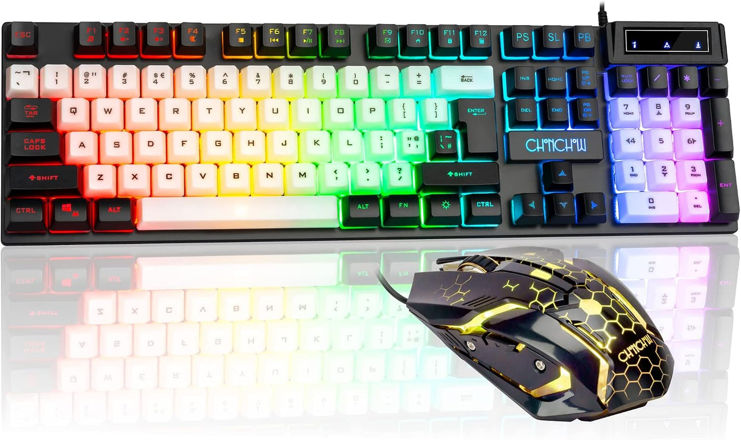 LED Keyboard Mouse,104 Keys Rainbow Backlit Keyboard and 7 Color RGB Mouse | White Gaming Keyboard and Mouse Combo for PC Laptop Xbox PS4 Gamers and Work