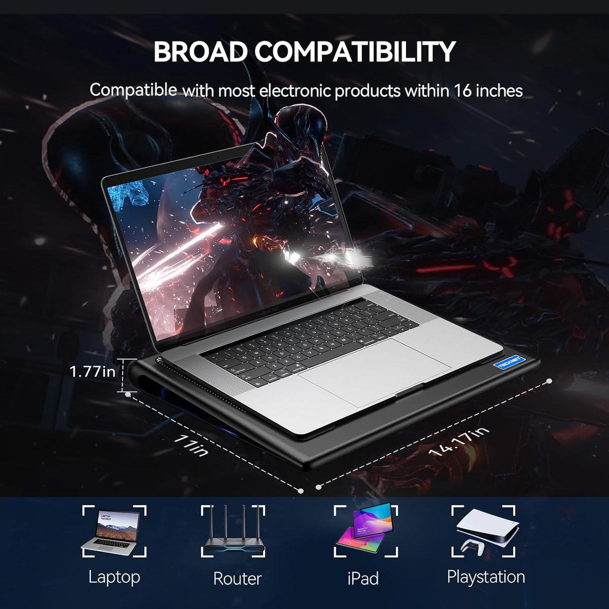 TECKNET Laptop Cooling Pad - 12"-15.6" Laptop Cooler with Quiet Cooling Fan | USB-A & USB-C Powered Cooling Stand with Adjustable Wind Speeds for Gaming, Work & Everyday Computing, Blue LED