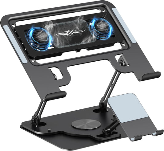 Laptop Cooling Pad with Detachable Fan & Cooler, 2-in-1 Laptop & Phone Stand, Adjustable Angle, 360° Rotatable Base, Carbon Steel, Ultra-Quiet & Super Sturdy for Laptop (Black)