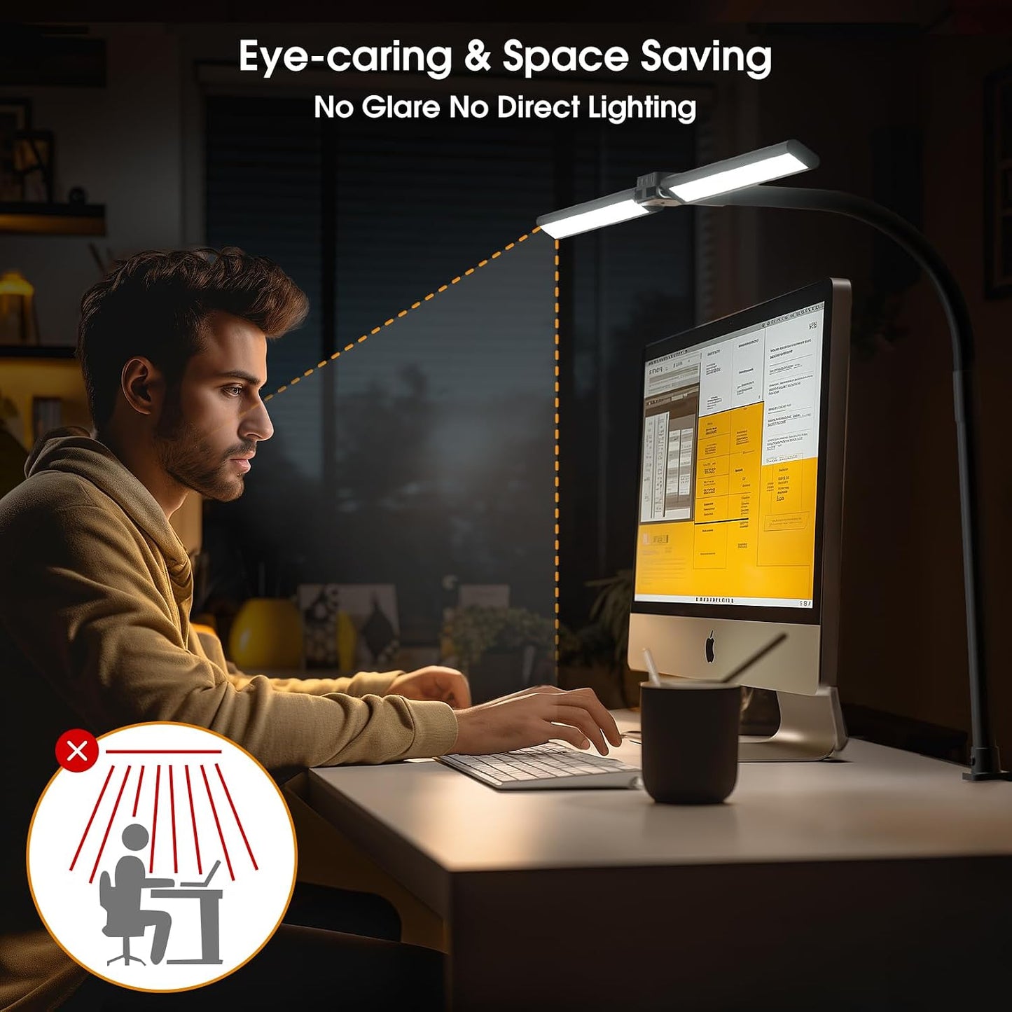 LED Desk Lamp for Home Office - Dimmable Computer Desk Light with Clamp, Modern Architect Task Lamp with Color Changing, Flexible Desktop Lamp with Gooseneck for Monitor, Double Head, Black