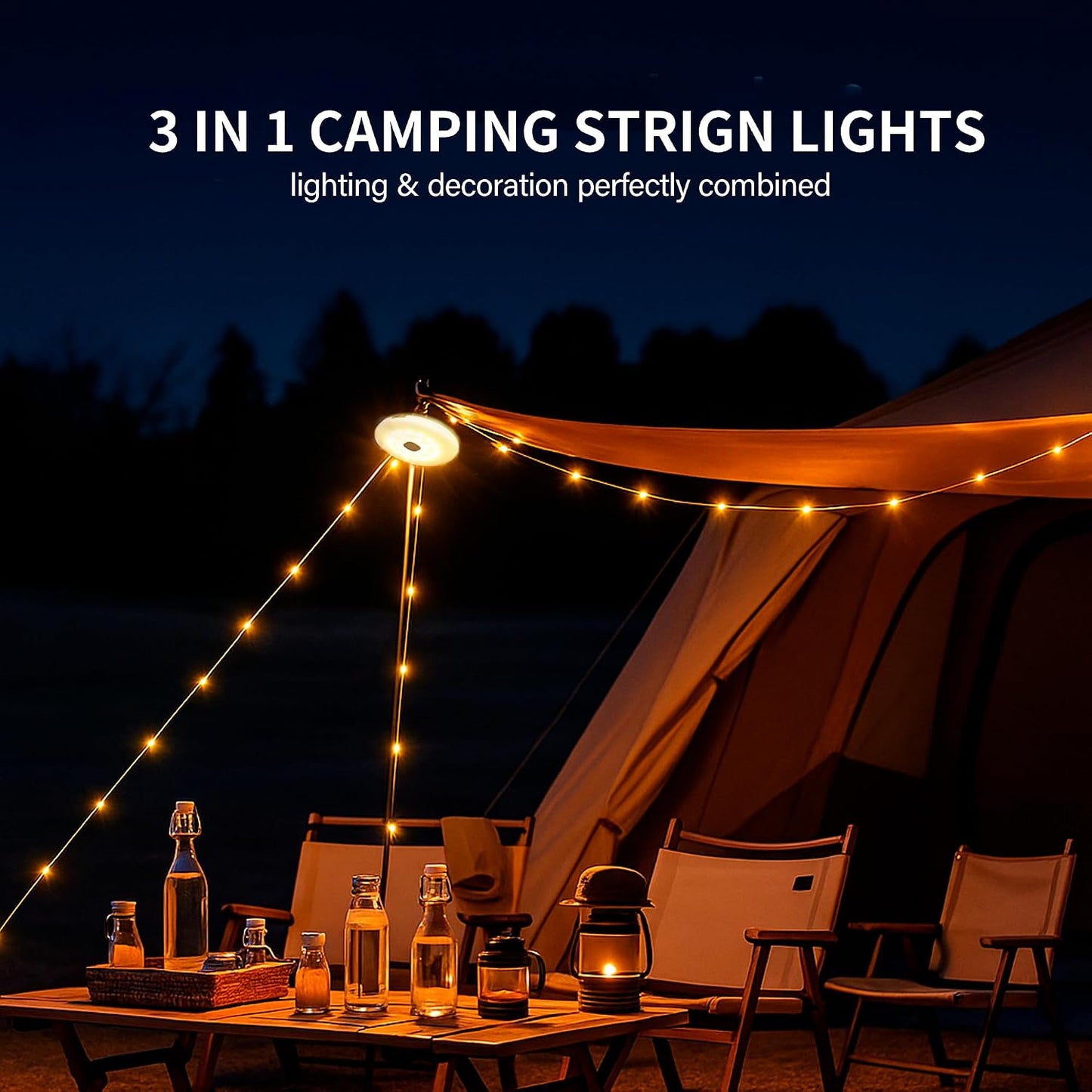 Solar Camping String Lights, 33FT 100LED Quick Storage Rechargeable Tent Lights with 9 Lighting Modes, Portable Camping Fairy Lights Waterproof for Outdoor Patio Garden Party Decorations