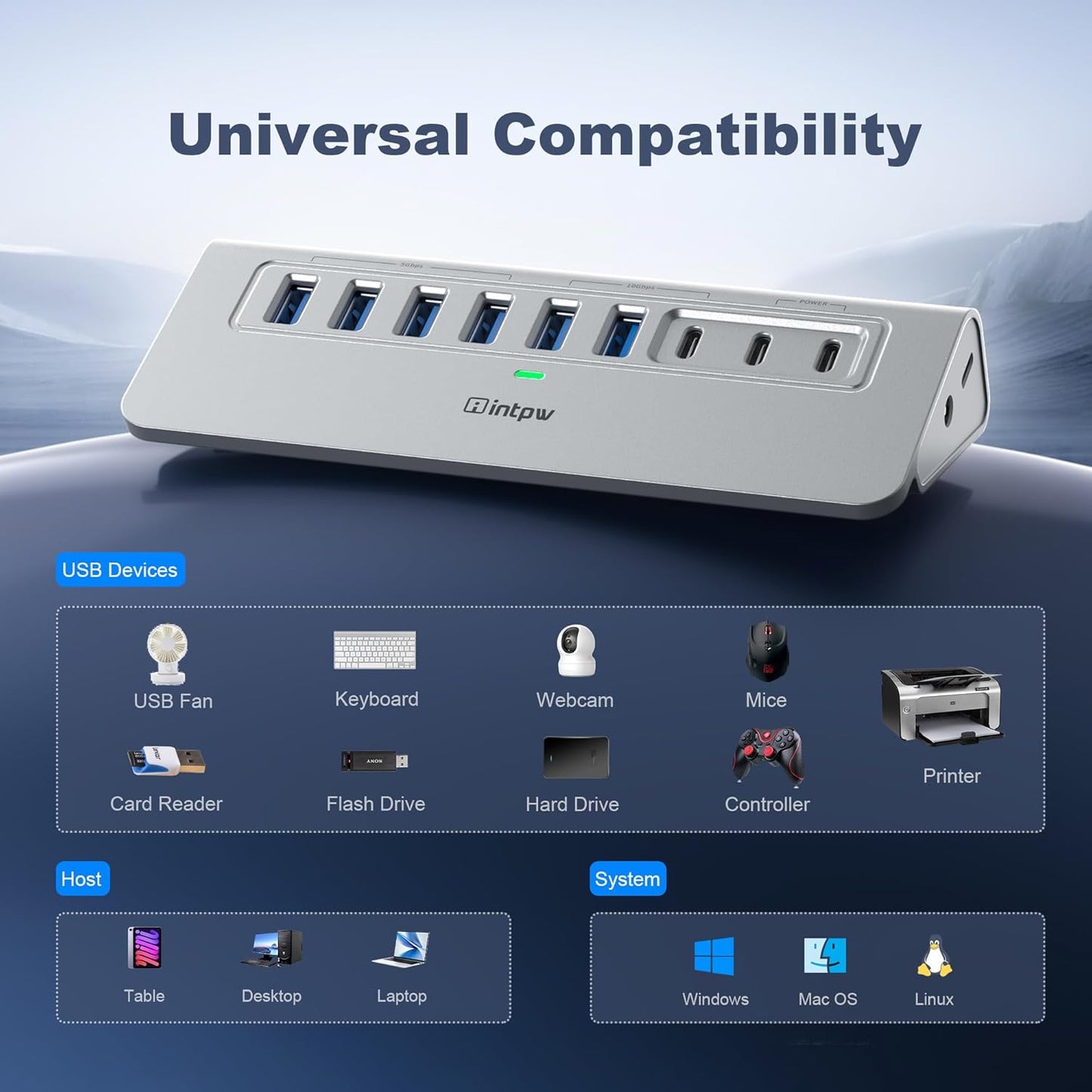 Powered USB Hub 10Gbps, intpw 9-Port USB 3.2 Hub, USB C Hub with USB A/USB C 3.2, 4 USB 3.0, 2 PD 45W Charging Ports, 65W Power Adapter and 3.3FT Cable, Aluminum USB Hub for PC,Laptop,iPhone 17/16/15