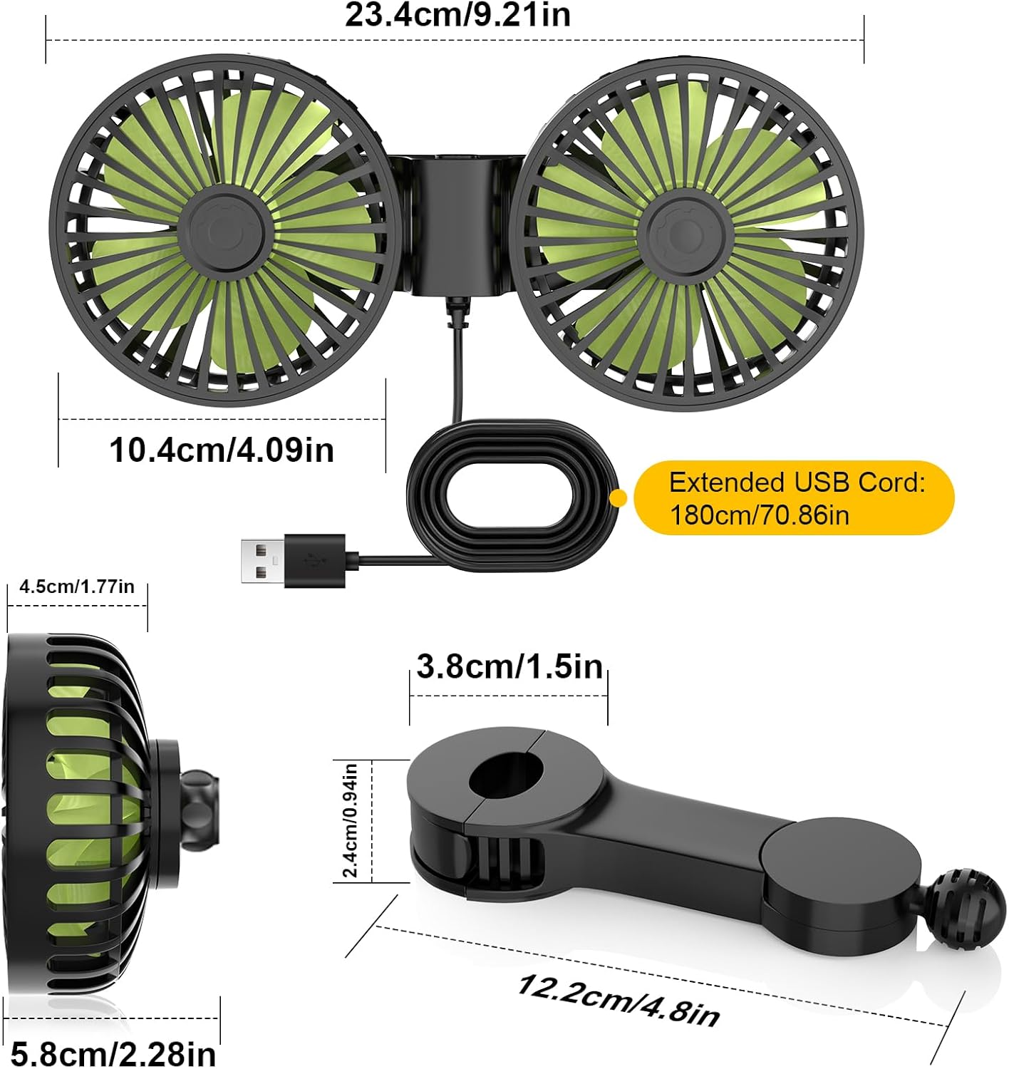 Dual-Head USB Car Cooling Fans for Backseat Kids 3 Adjustable Speeds