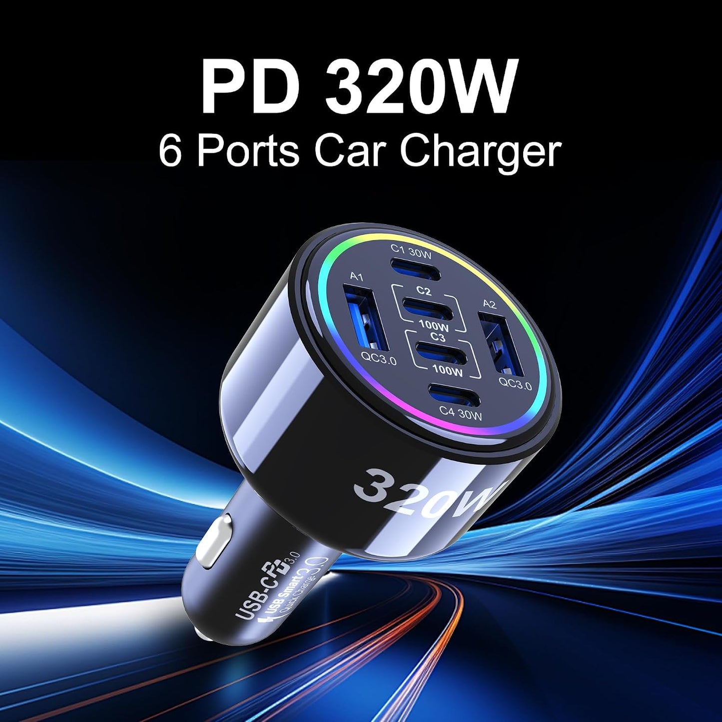 320W USB C Car Charger, 6 Ports Type C Car Charger | PD3.0/QC4.0/PPS Super Fast Charging for iPhone 17/16/15 Series, Galaxy S25/S24/23, iPad, MacBook Pro/Air, Laptop (Black)