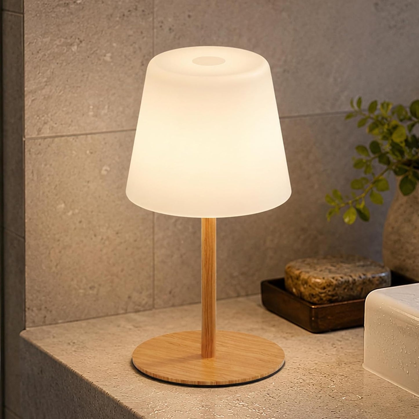 IP65 Waterproof Shower Lamp, Cordless Rechargeable Table Lamp, Wood Grain | Bathroom To Bedside Glow, Touch-Dim Comfort, 4000mAh USB-C Ease, 12-24H Light, 3 Light Moods, 2-Height Fit