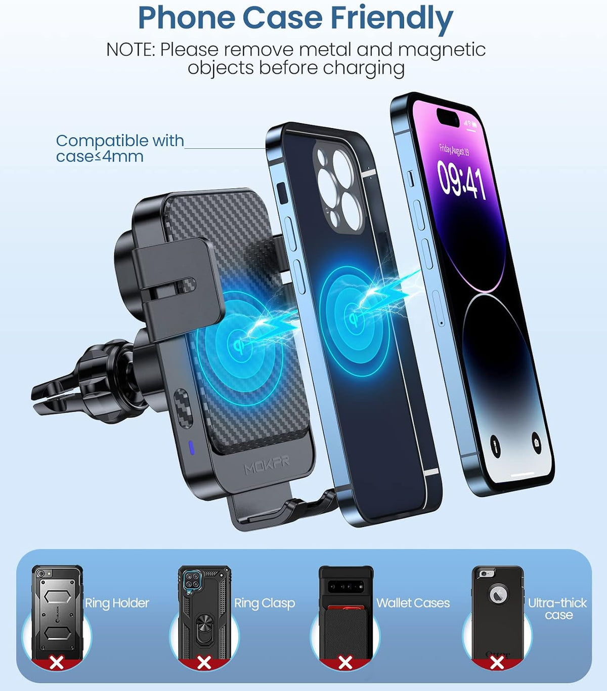 Wireless Car Charger 15W Fast Charging Dash Windshield Vent Car Mount | Auto-Clamping Universal Hands-Free Car Charger Compatible with iPhone 17/16 15/14/13/12, Samsung S24 S23/S22/S21,etc