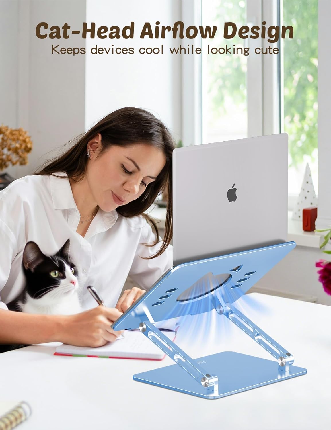 Aoviho Laptop Stand for Desk – Adjustable Aluminum Laptop Riser with Unique Cat-Shaped Cooling Vent, Portable Desk Gift & Decor, Compatible with MacBook Air Pro, Dell, HP, Lenovo (10"-17.3"), Sky Blue