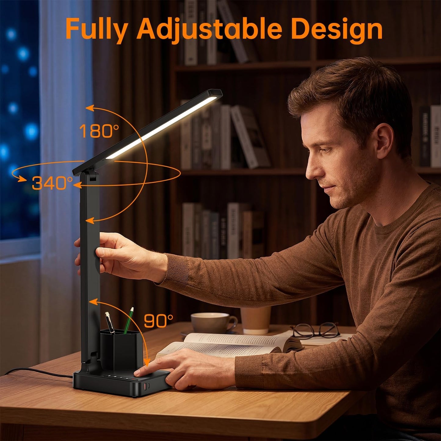LED Desk Lamp USB A/C AC Pen Holder Dorm Home Office Desk Light Black | Adjustable LED Desk Light with USB A/C, AC Outlet, Pen Holder; Small Desk Lamp for Dorm, Study, Craft & Home Office
