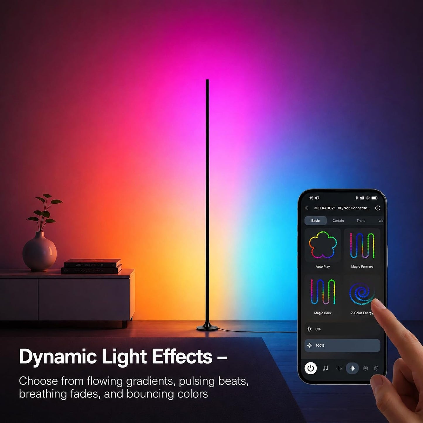 Corner Floor Lamp with Remote & App Control,RGB Color Changing LED Floor Lamp with Music Sync,16 Million Colors & 100+ Scene Modes,Dimmable Ambient Light for Living Room Gaming Room,USB Powered