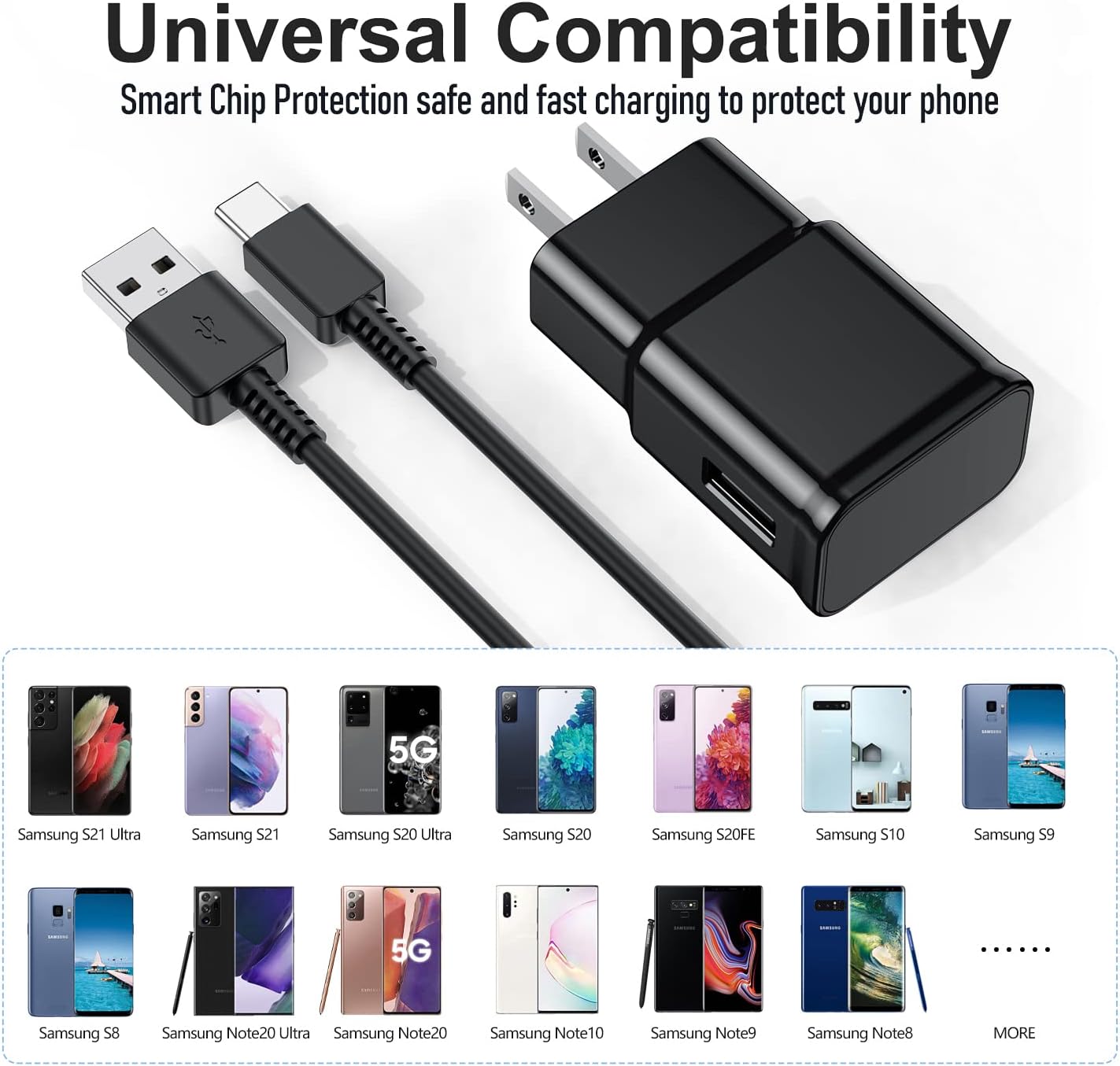 Samsung Galaxy S10/S9/S8 2 Pack Adaptive Charger with USB-C Cable 6FT Black | USB Type-C fast charging cables for Galaxy S10e/S20/S21/Note 8/9/10/20/A70/A50/A51/A52/A42/A32/A13/A12 Ultra Plus, 6FT Black