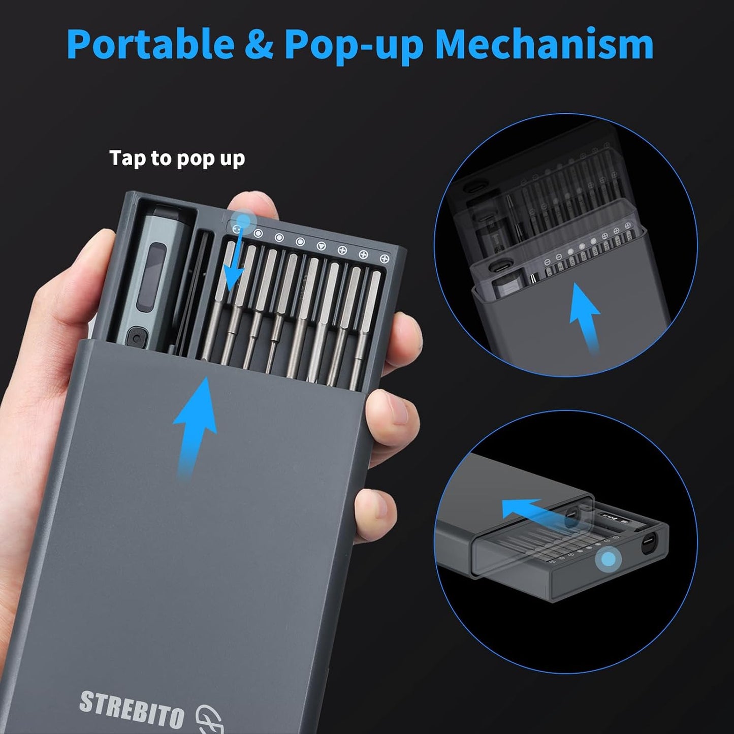 STREBITO Mini Electric Screwdriver, 70 in 1 Small electric screwdriver Set | 5 Upgraded Torque & Indicator, 64 S2 Preicison Bits, 4 LED Lights, Mini Power Screwdriver Repair Tool Kit for PC Electronic