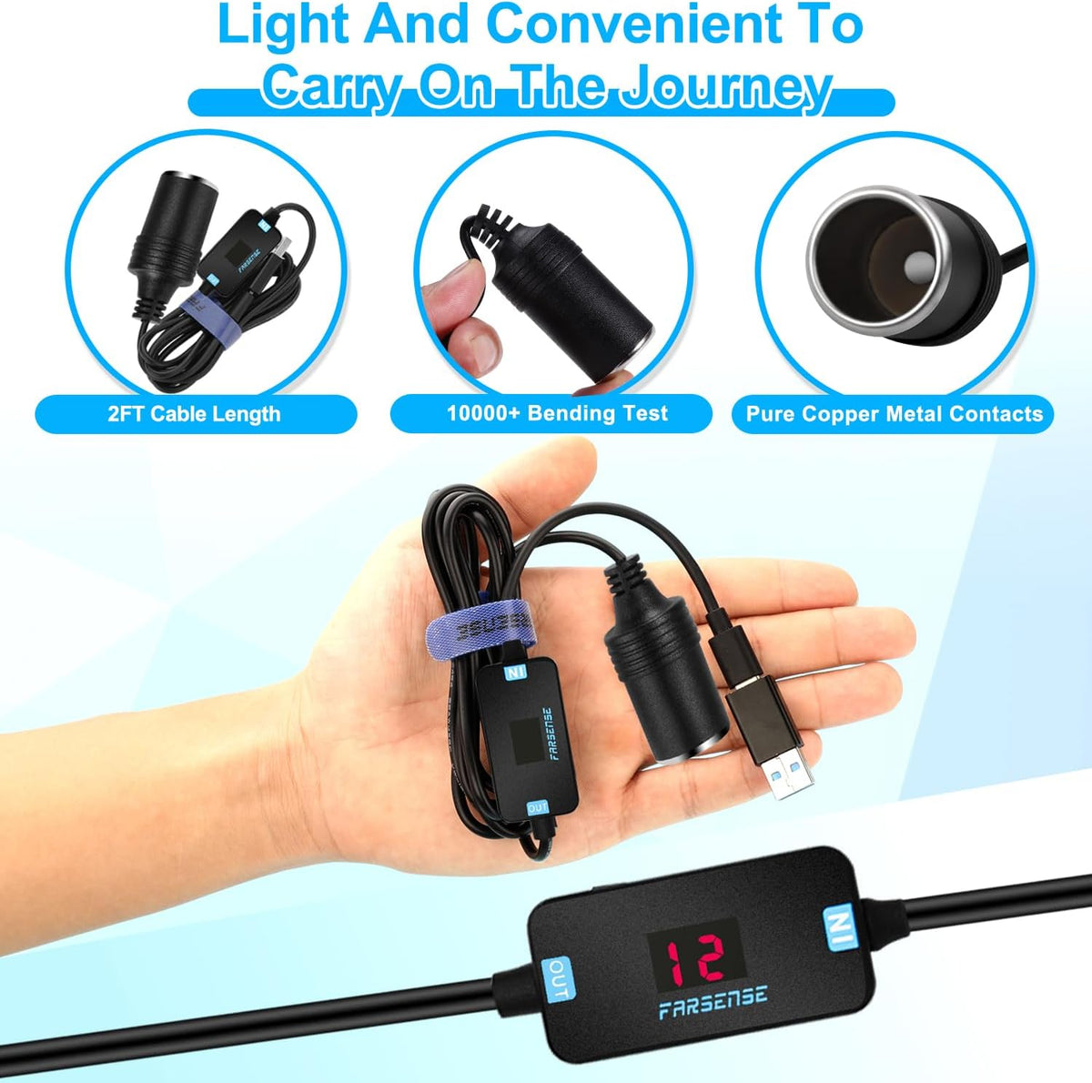 FARSENSE USB A to 12V Cigarette Lighter Adapter(36W)-USB C Male to Cigarette Lighter Female Socket PD Trigger Cable(2FT) with Switching Voltage and Display Voltage,for Dash Cam,GPS,Etc