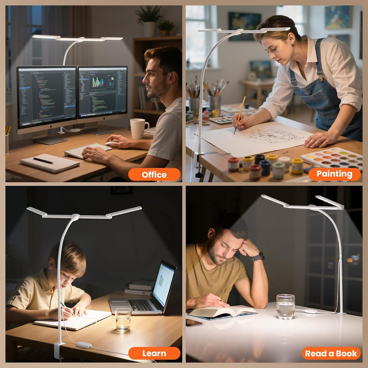 LED Desk Lamp for Office Home, Adjustable 3 Head Desk Light with Adapter