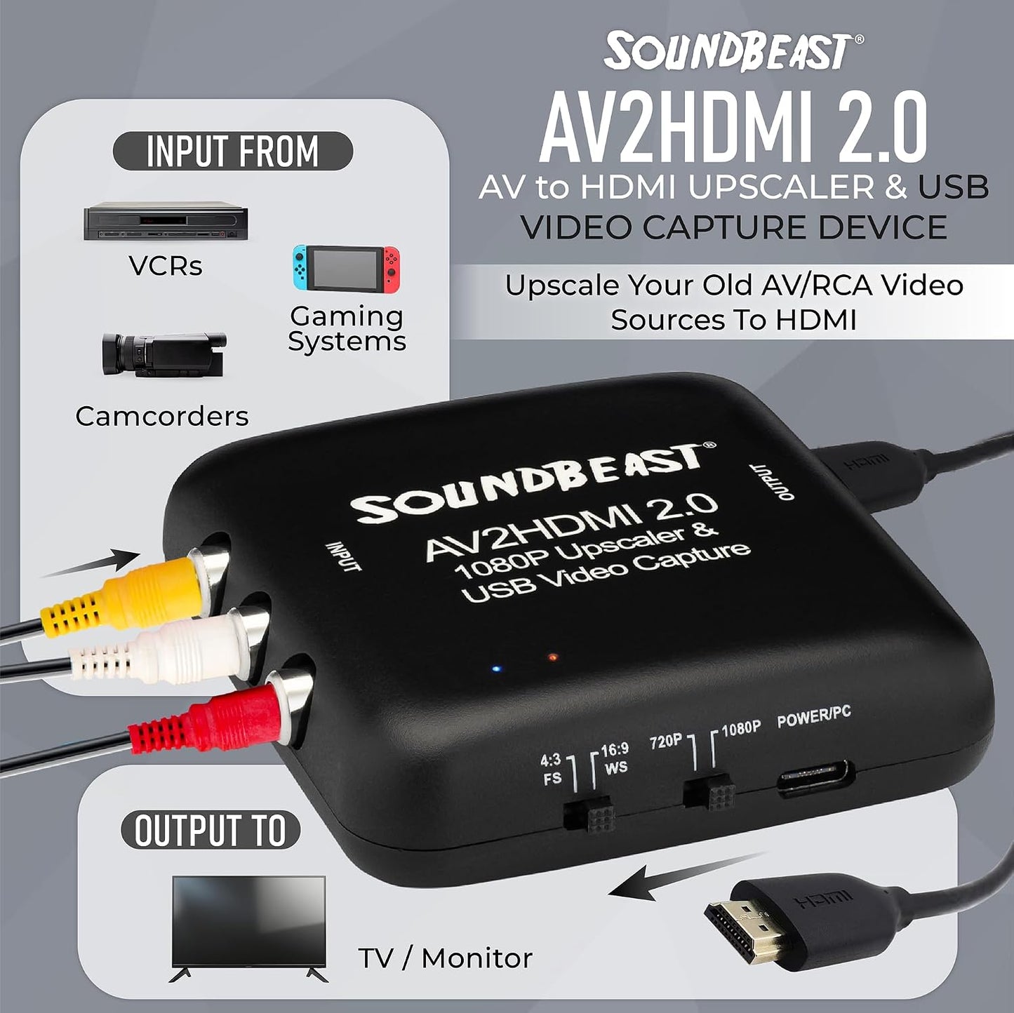AV to HDMI Converter & Recorder 2.0 - AV RCA Composite to 1080P HDMI TV Upscaler - for VCR, VHS, DVD, Camcorder, Hi8, Gaming - 4:3 Aspect Ratio - USB Video Capture