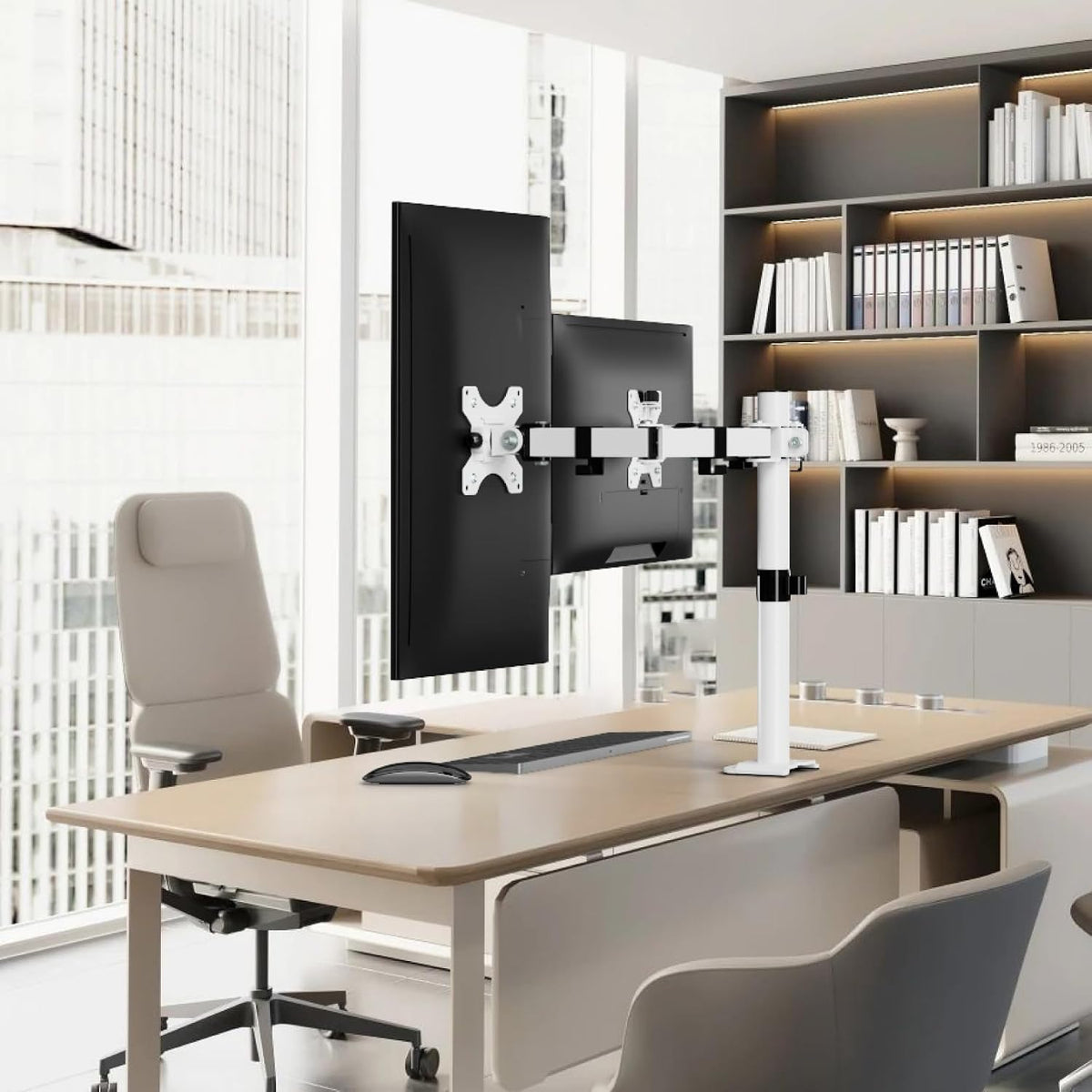 UPGRAVITY White Dual Monitor Mount Stand for Two 17"-32" Screens | Fully Adjustable Dual Monitor Arms Hold up to 17.6lbs, VESA 75x75/100x100mm, C-Clamp/Grommet Base