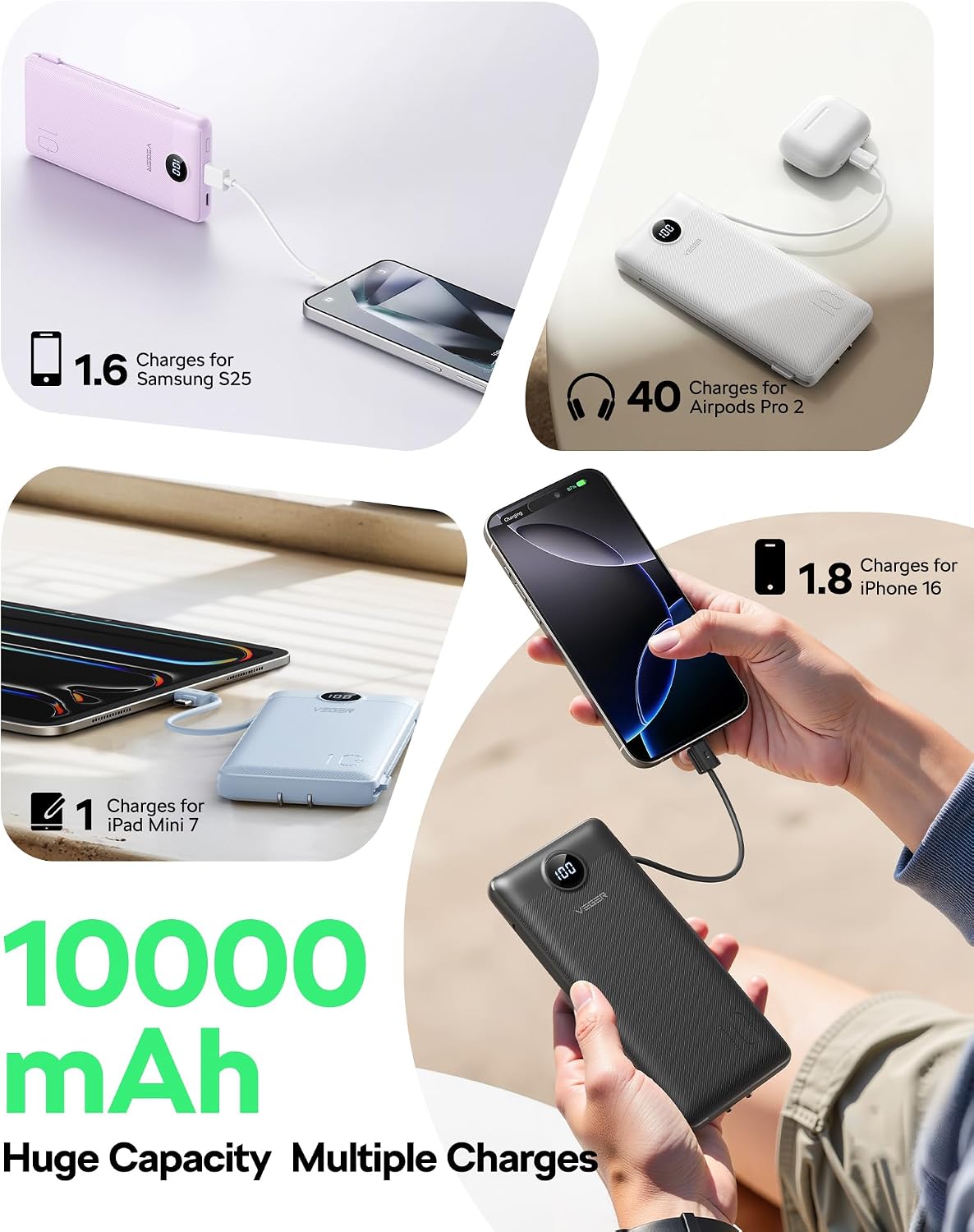 VEGER Portable Charger, 10000mAh Power Bank Built in Wall Plug and Cables | Ultra Slim, Charging 4 Devices Once, Travel Essentials, USB C Battery Pack for iPhone, iPad, Samsung, Android, Tablets, Blue