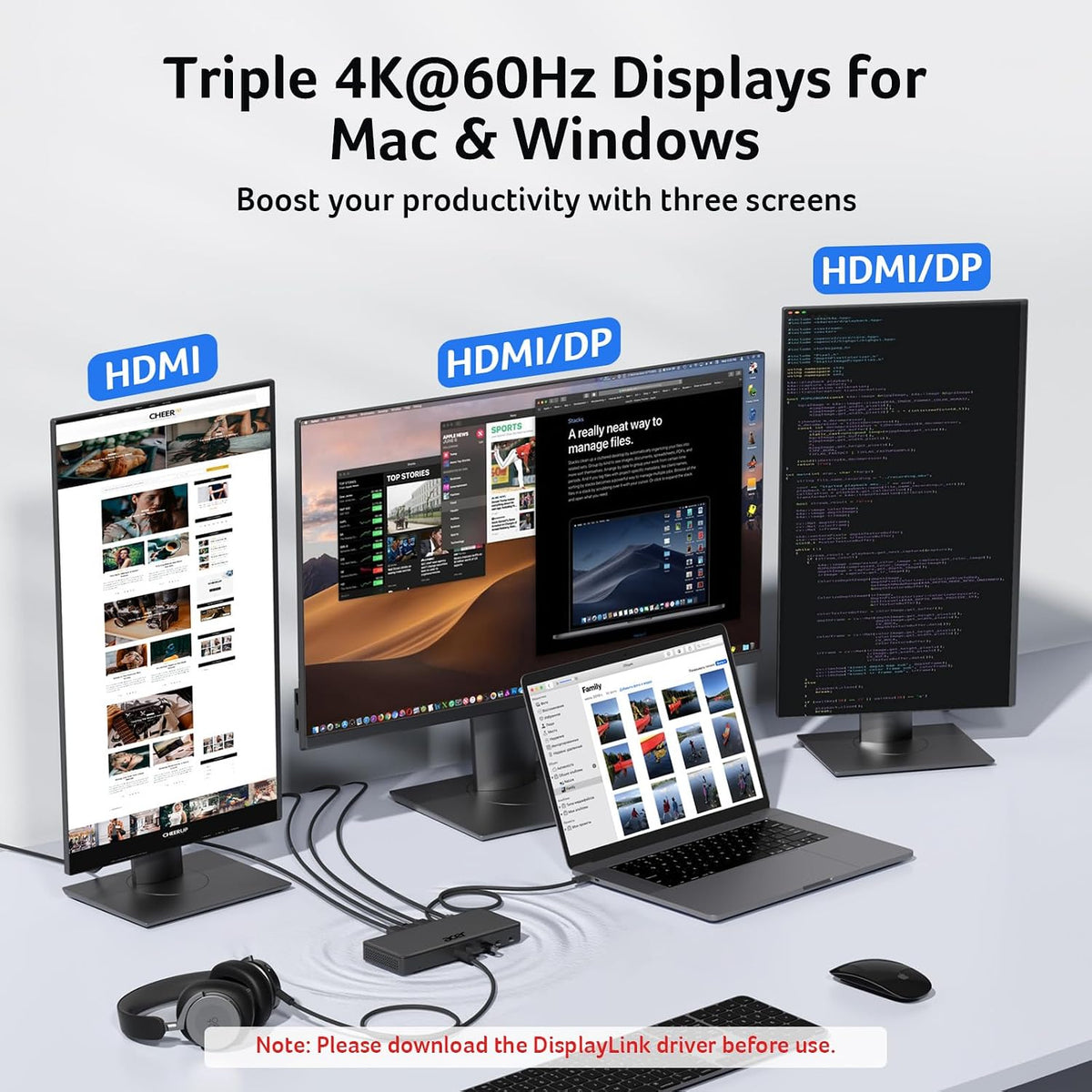 Acer Displaylink Docking Station 3 Monitors 4K@60Hz, USB-C Dock for MacBook