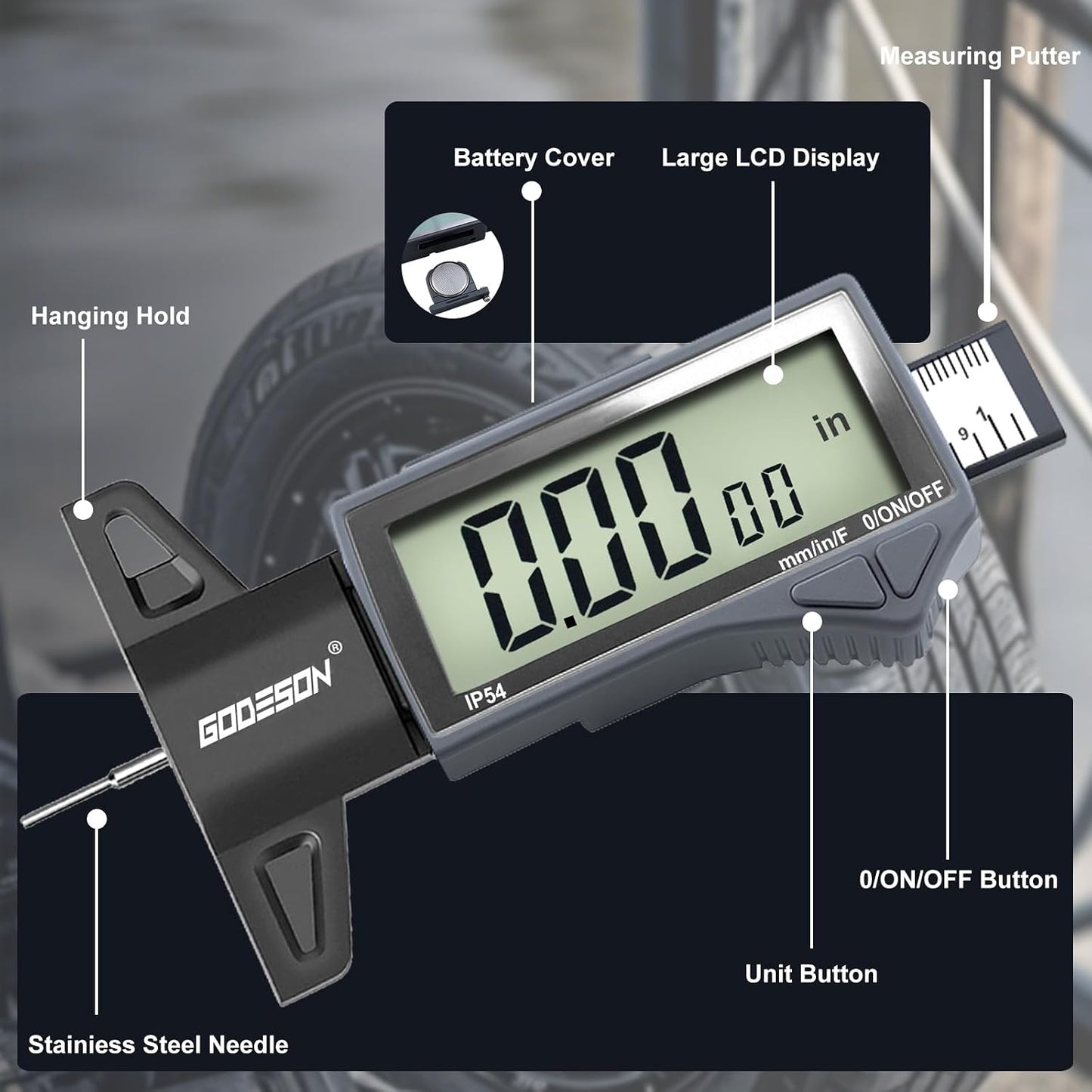 Digital Tire Tread Depth Gauge - IP54 Waterproof, 2.5" LCD Screen, 3 Modes (Fraction/Inch/MM), 1" Range, Auto-Off, Tire Wear Measure Gauge Tool 32nds for Car, Truck & SUV Tires