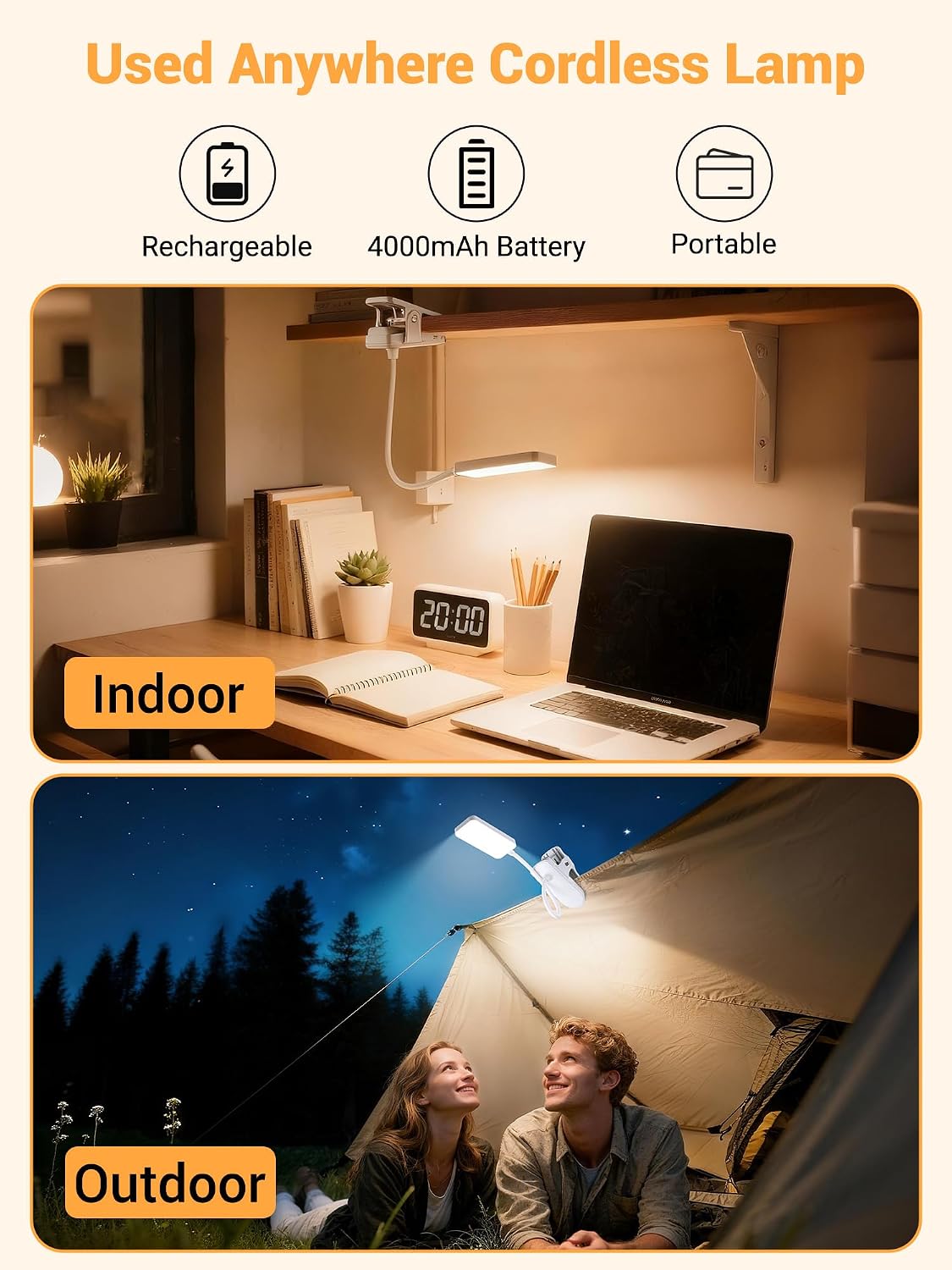 Clip on Light,45 Lighting Modes Rechargeable Desk Lamp with Clamp | 4000mAh Battery Operated Lamp,450 lm 48 LED Desk Light,Wireless & Cordless Reading Light for Bed/Bedside Table/Headboard/Dorm