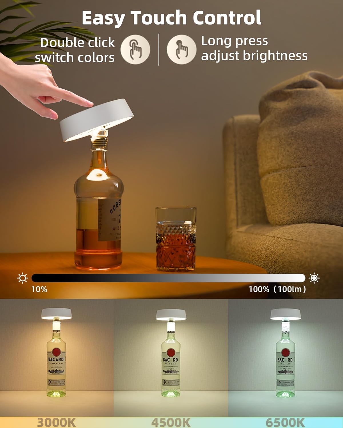 Wireless Bottle Lamp, Rechargeable Wine Bottle Lights for Liquor Bottles | RGB, Touch Control 3 Color Temperatures, Dimmable, Outdoor Waterproof, Restaurant & Home Bar Décor, Gift, White 1Pc
