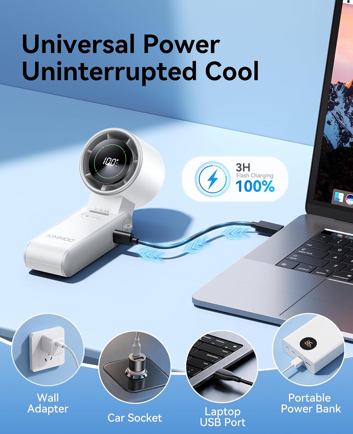 KIMMOO 3-in-1 Portable Handheld Turbo Fan-100 Speeds,Powerful 20000 RPM, 12Hrs Cooling, LED Display, 120° Rotation, USB Rechargeable Mini Hand Held Personal Fan for Travel Makeup Outdoor Indoor, White