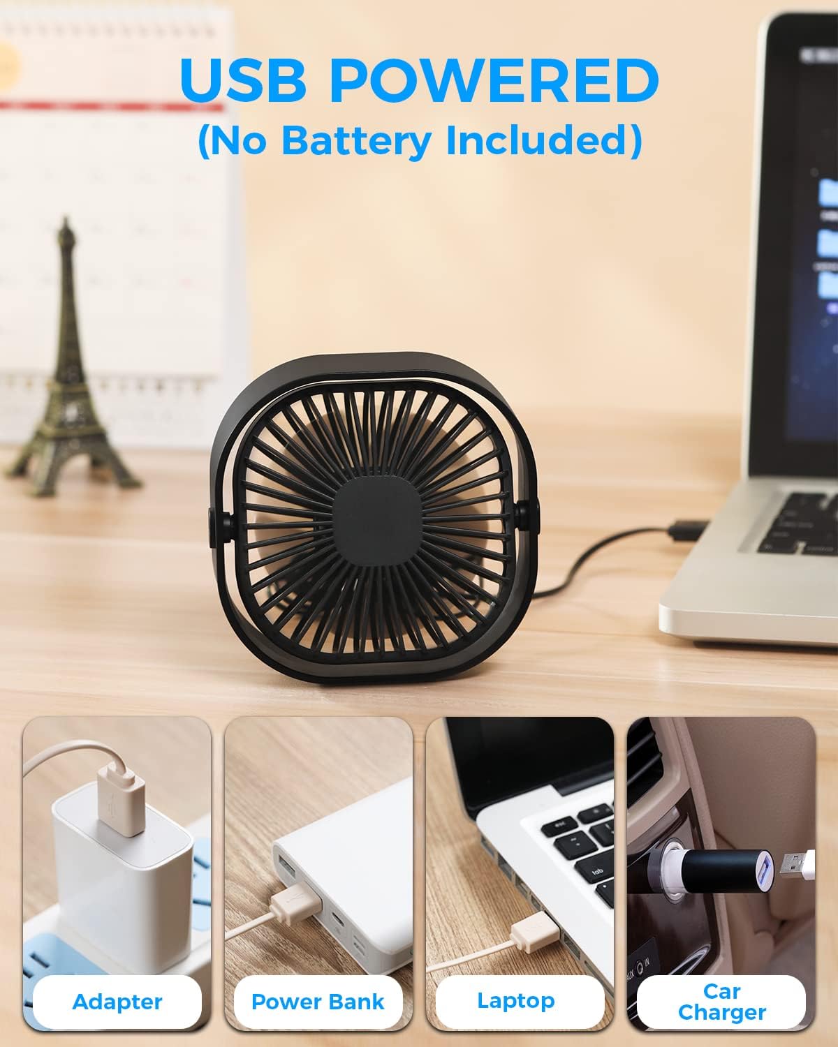 RJVW 4 Inch Small USB Desk Fan, 3-Speed & 360°Rotatable Cooling Fan | USB-Powered Desktop Fan for Home Office Bedroom Dorm Indoor Outdoor Summer Gift