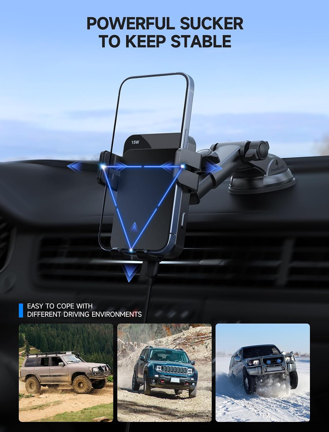 Wireless Car Charger 15W Auto Clamping Phone Holder Dash Windshield Vent | Car Charger Compatible with iPhone 17 16 15 14/13/13 Pro/12 pro/12/11/X/8, Samsung S24/S23/S22