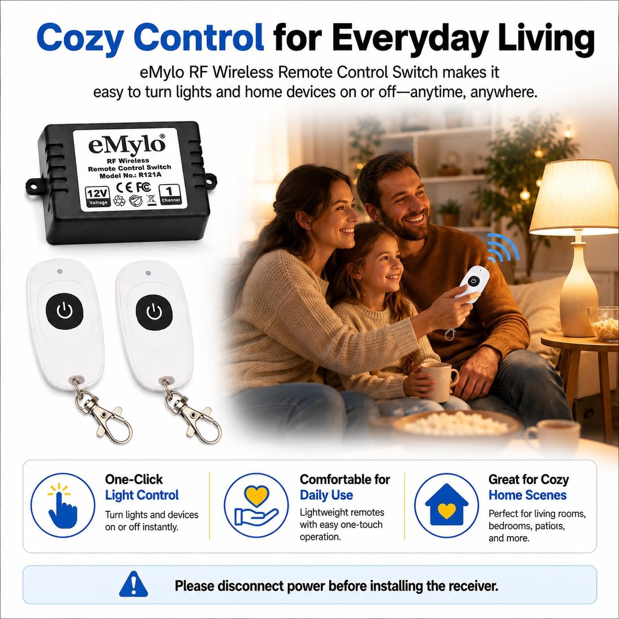 Smart RF Relay Switch eMylo Wireless Remote Control Switch DC 12V One Channel Momentary Module 433Mhz Relay Receiver with Two Transmitters