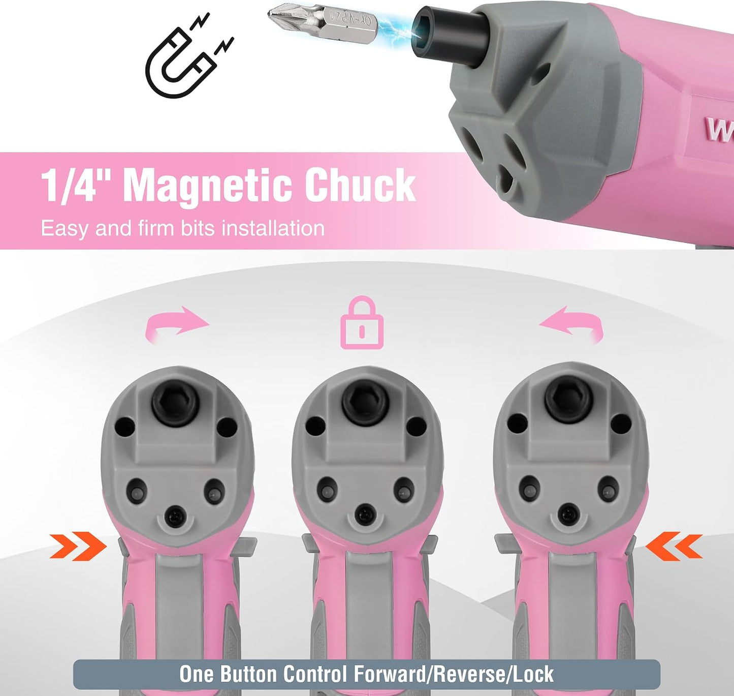 WORKPRO Pink Cordless Screwdriver Set, Rechargeable Eccentric Screwdriver | 3.6V Screwdriver Kit Set with 24Pcs Bits, Delay-off LED Light, 2000mAh High-Capacity Battery, Carrying Case Included